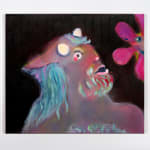 oil painting of a surreal colorful beast/man by a pink flower