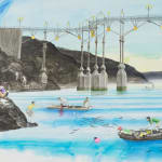 A detail of a sizable, colorful mixed media drawing of a landscape wit people eel fishing beneath the bridge.
