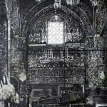 A large, expressionistic monochrome painting of a mosque, hung on the gallery wall.