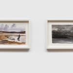 image depicts two framed watercolor and ink paintings. the painting on the left is of a man dragging a boat from the water, the painting on the right is of a dark landscape