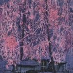 purple painting with house and pink trees.