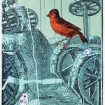 Woodcut and etching on paper of a red cardinal in an old factory with wheels crashed around, there are human remains and a human body in the foreground and background