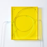 wall mounted sculptural piece made of plexiglass, neon, bamboo twig