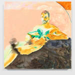 abstract painting of a man on a rock-like base holding a turquoise butterfly that has been roughly split in half
