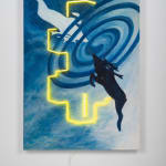 An image of a canvas depicting two cervids on the verge of an aerial collision, diving into a blue spiral and framed by a yellow neon light bulb.