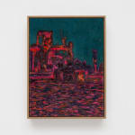 painted image of an abstracted scene of ruins colored deep turquoise and bright maroon