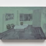 mixed media painting depicting a green and grey empty party room