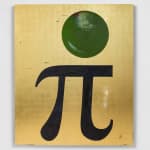 painting depicting a forest green orb over a "pi" symbol over a golden paneled background.