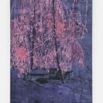 purple painting with house and pink trees. Installed on wall.