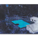 Dark blue painting of a light blue pool and two white houses