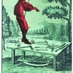 Woodcut and etching of a green scene and a red silhouette, the scene is outside with nature and the figure is standing on a table with miscellaneous objects while the figure plays the fiddle