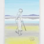 acrylic painting depicting a translucent figure walking through a blue and yellow landscape