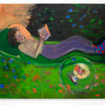 oil painting depicting a boy reclining in a garden and reading a book.