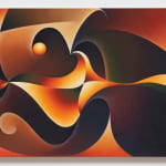 An abstract image depicting a small orange orb framed by swirling earthy amber shapes