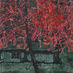 A mixed media image depicting a cabin and a tree with red foliage.