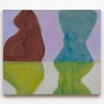 abstract painting of two organic shapes that are both colored lime green on the bottom. On the top, one is colored maroon and the other turqoise. The background is divided into two segments of lavender and light gray.