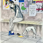 A detail of a large mixed media drawing of a seated woman looking at her phone with numerous posters behind her and a dog next to her.