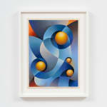 An abstract image depicting four orange orbs framed by swirling blue shapes