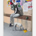 A mixed media drawing of a woman sitting on a bench with numerous posters on the wall behind her and a dog at her feet, hung on a white wall.