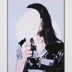 painted image of a person with long hair holding up what appears to be a handheld mirror, which shields their face