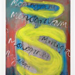 oil painting depicting a blue jar form enveloped in yellow tendrils, the word "monogram" written over the image five times