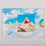 An image of a canvas depicting a snowy mountain peak against a partly cloudy blue sky, red and white plus signs lie on the center of the mountain. Alongside the centered mountain are two other images of mountain peaks with yellow symbols.