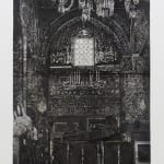 A large, expressionistic monochrome painting of a mosque, hung on the gallery wall.