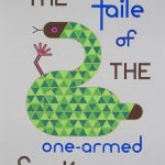 A mixed media painting with an abstract animal in the center of the piece with text around it: "The taile of the one-armed snake".