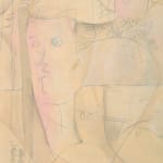 surrealistic yellow-hue etching of abstracted human figures