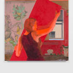 painted image of a woman holding a large red rectangular block inside of a house that has walls painted with pink and some imagery.