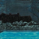A mixed media image depicting a glimmering, blue pool sitting before a shadowy house.