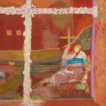 An oil painting of a figure lying down next to a large window; through the window, another figure stands holding a crucifix.