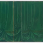 An oil on canvas piece depicting velvety, evergreen curtains.