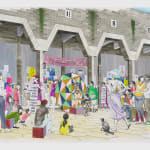 A detail of a large mixed media drawing of a side show with spectators, Onomatopoeia City Wall.