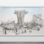 A mixed media image of people spending time at a futuristic zoo with alien creatures.