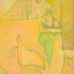 surrealistic yellow-hued etching of abstracted human figures