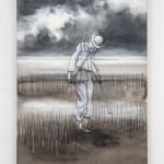 acrylic painting depicting a translucent man walking through a dark landscape