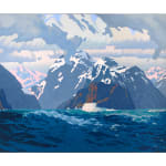 painted image on canvas of a seascape with a tall mountainous background. gray clouds cover the sky above the scene.