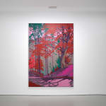 painted image on canvas depicting a brightly colored forest, with hues of red, green, and pink
