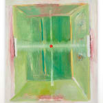 abstract painting of a dream-like green architectural space, enclosing a centralized cross shape that comes to a centerpoint at a small red dcircle. light glowing pink frames the entire image
