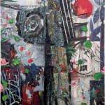 A mixed media painting of an abstract scene filled with various objects.