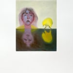 installation image of an oil painting depicting a crying woman and a yellow bird reflected onto a surface