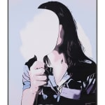 painted image of a person with long hair holding up what appears to be a handheld mirror, which shields their face