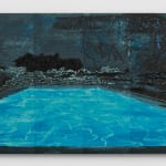 A mixed media image depicting a glimmering, blue pool sitting before a shadowy house.