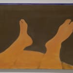 An oil on canvas depicting orange coloured legs and feet against a brown backdrop.