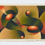 An abstract image depicting four reddish orange orbs framed by swirling green shapes.