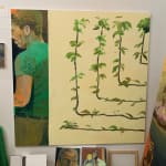 Oil on canvas depicting the side profile of a figure in a green t-shirt and vines.