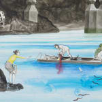A detail of a sizable, colorful mixed media drawing of a landscape wit people eel fishing beneath the bridge.