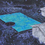 detail of dark blue painting with light blue pool and two white houses to the bottom left.
