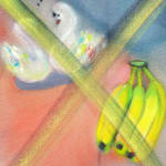 zoomed in perspective of a painted abstract image that is contained within a painted blue "frame." a bit yellow "X" shape runs over the entire image, within which are pink and indigo hues muddled together. below the "X" shape is a bunch of bananas and a couple of swans, and both figurations have an ethereal quality.